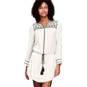 Gap Long Sleeve Embroidered Dress with Waist Tassel in White & Navy